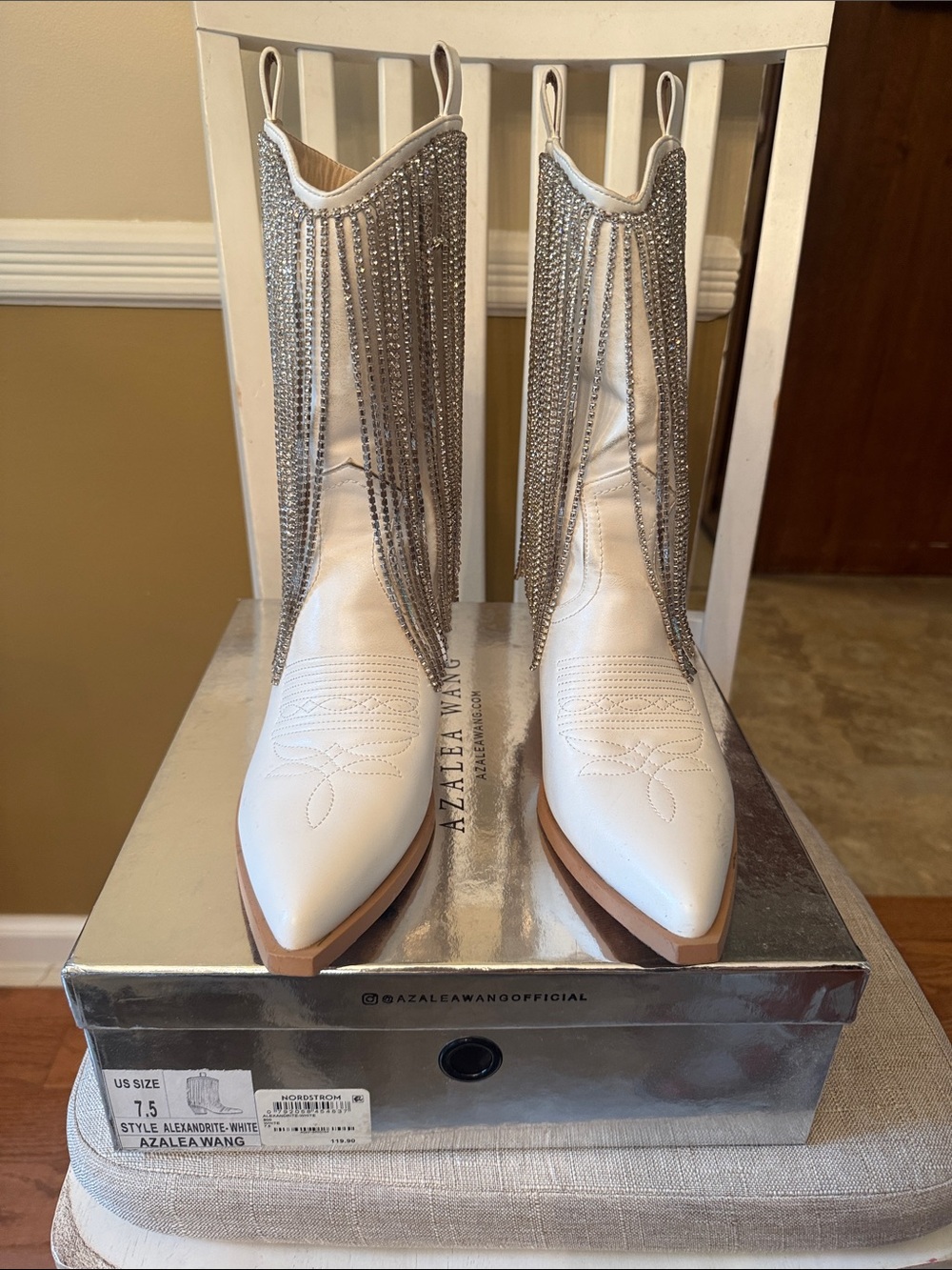 Azalea Wang White Crystal-Trim Western Heeled Boots